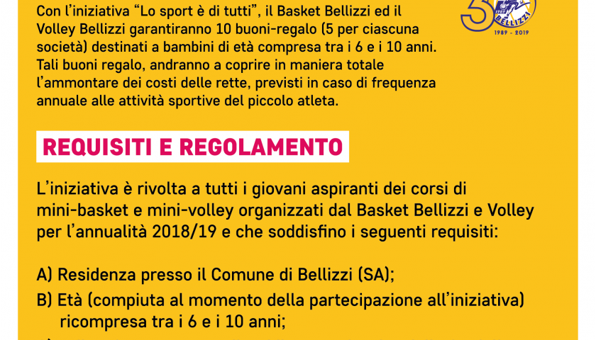 “Lo sport è di tutti”: l’iniziativa firmata Basket Bellizzi e Volley Bellizzi