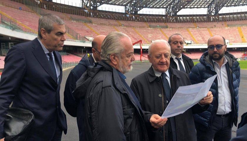 Universiade 2019, sopralluogo allo stadio San Paolo del governatore De Luca con il presidente del Napoli De Laurentis