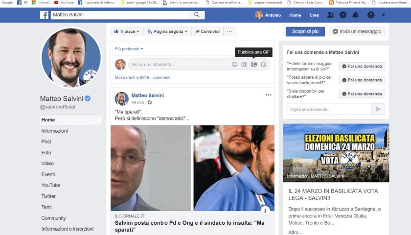 Insulti su Facebook, Salvini risponde a Strianese: “Però si definiscono democratici”