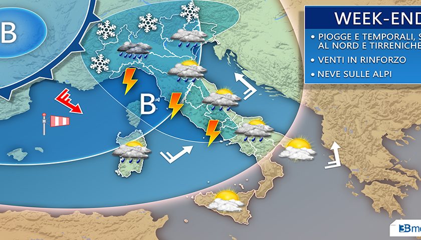 Meteo: nel weekend ennesima perturbazione con piogge, temporali e neve sulle Alpi. Il caldo africano a fine mese? Cautela