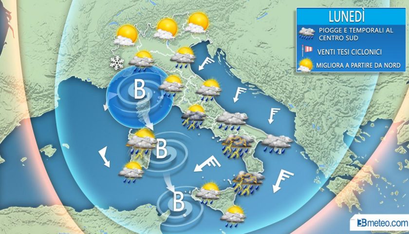 Meteo: avviso di allerta per lunedì per piogge e temporali