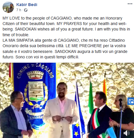 MY LOVE to the people of CAGGIANO. Kabir Bedi prega per l’Italia