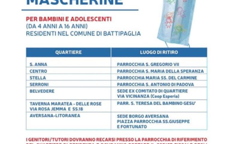 Battipaglia: da lunedì distribuzione gratuita di mascherina per i più piccoli