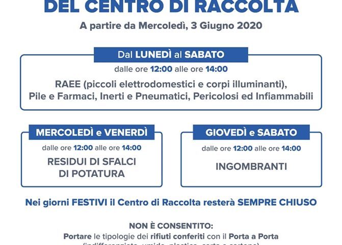 Angri – domani 3 giugno riaprirà il centro di raccolta rifiuti