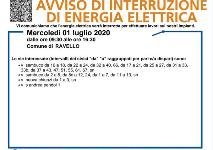 Ravello – mercoledì 1 luglio ci sarà l’interruzione di energia elettrica