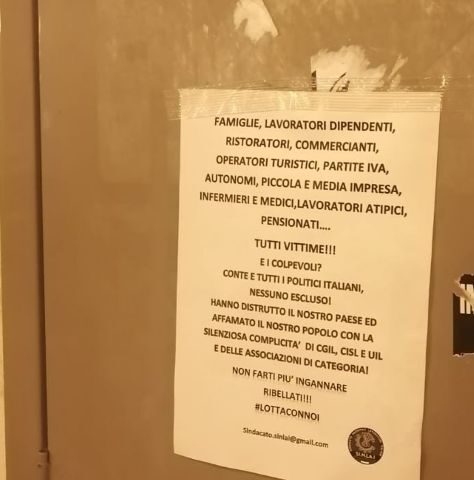 “ECONOMIA ITALIANA DISTRUTTA, CGIL CISL E UIL COMPLICI”. VOLANTINAGGIO E AFFISSIONE DEL SINDACATO SINLAI IN PROVINCIA DI SALERNO