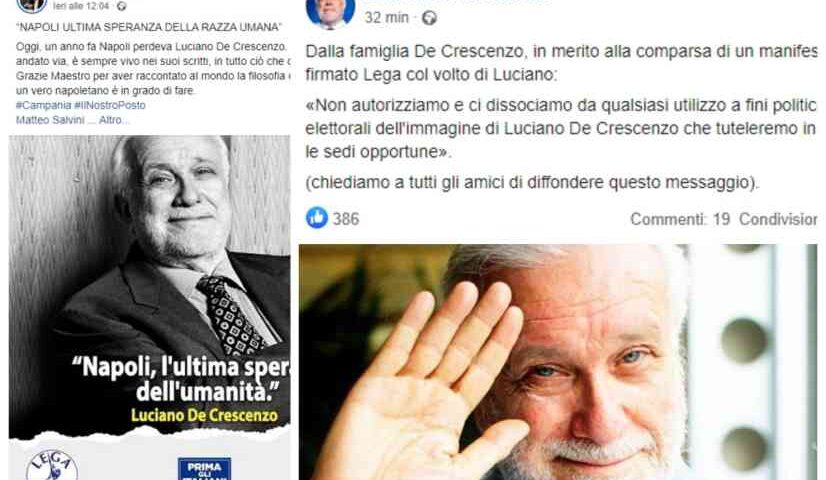 La famiglia di De Crescenzo diffida la Lega: “Via quel manifesto, vi denunciamo”