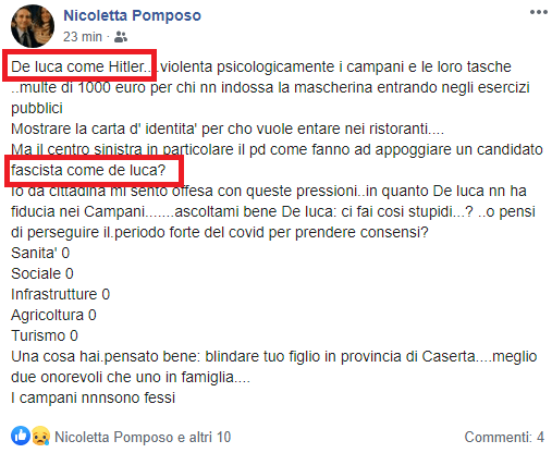 Regione, frase choc contro De Luca: “Come Hitler, come fanno a votare un fascista come lui”