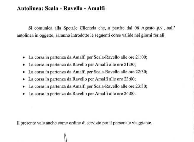 Ravello – integrazione corse serali del trasporto pubblico della Sita