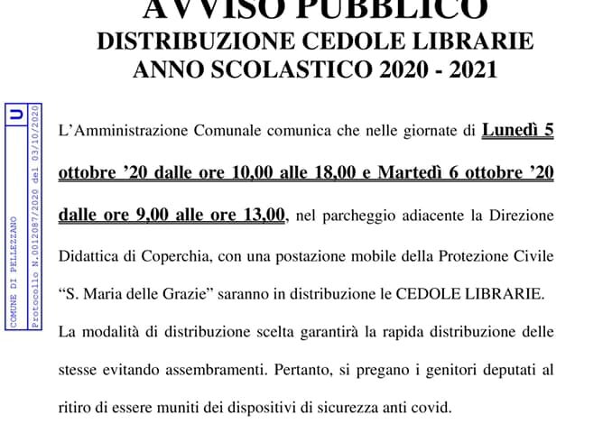 Pellezzano – distribuzione cedole librarie anno scolastico 2020-2021