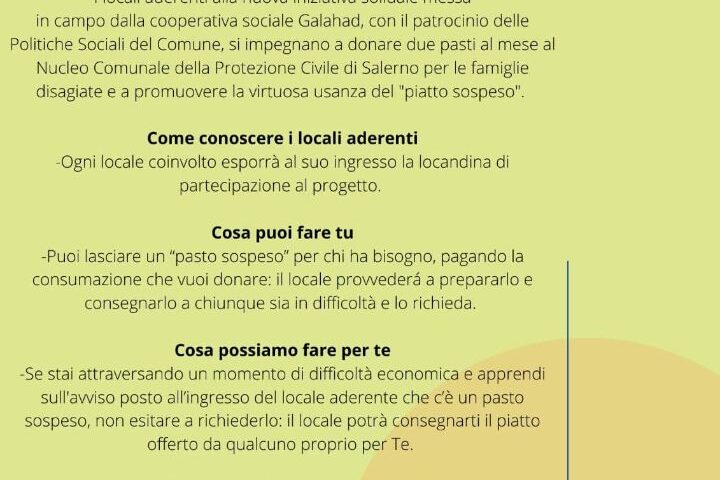 Covid e solidarietà, ecco a Salerno “Il piatto sospeso”