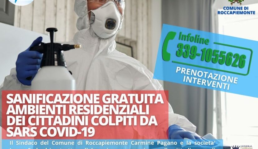 EMERGENZA COVID-19  A ROCCAPIEMONTE: ATTIVATO SERVIZIO GRATUITO DI SANIFICAZIONE PER I CITTADINI COLPITI DAL VIRUS