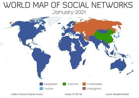 Nuova mappa social network, il mondo diviso in 3 blocchi