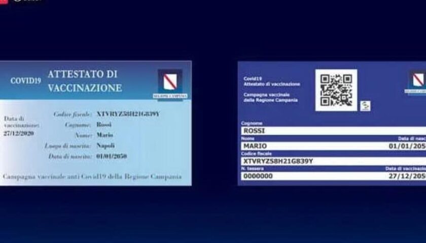 COVID-19, IN CAMPANIA IN CORSO CONSEGNA 250MILA CARD DI AVVENUTA VACCINAZIONE