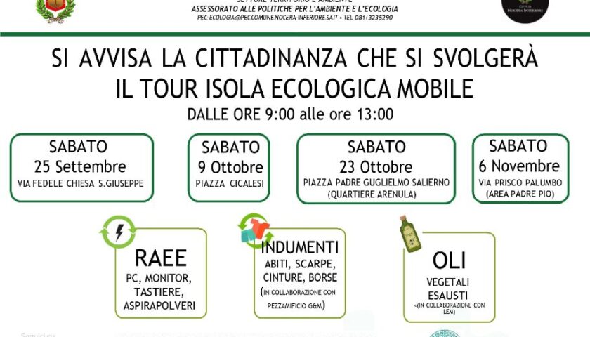 NOCERA INFERIORE, DA SABATO PARTE IL TOUR CITTADINO DELL’ISOLA ECOLOGICA