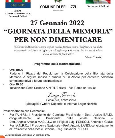 L’Anpi Salerno domani sarà a Bellizzi per celebrare la Giornata della Memoria