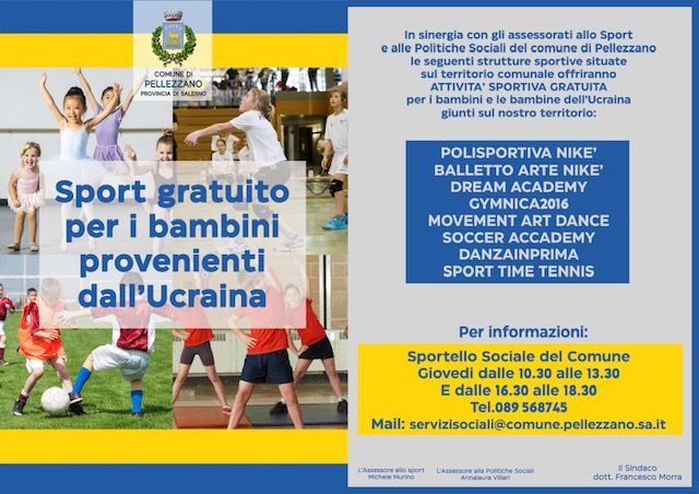 PELLEZZANO, GRAZIE ALLE ASSOCIAZIONI SPORTIVE TERRITORIALI OFFRE ATTIVITA’ SPORTIVE GRATUITI AI BAMBINI UCRAINI
