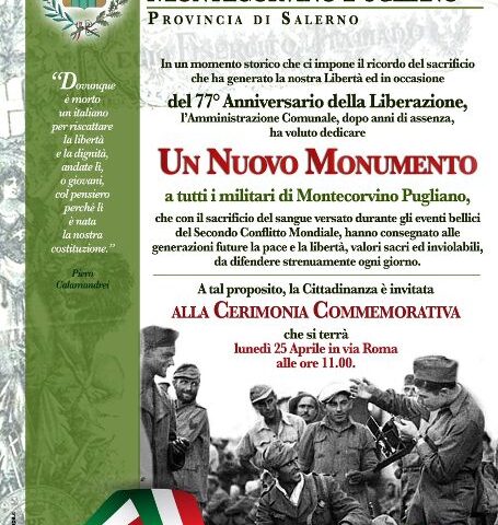 MONTECORVINO PUGLIANO, NUOVO MONUMENTO AI MILITARI CADUTI DURANTE LA SECONDA GUERRA MONDIALE: LUNEDÌ 25 APRILE LA COMMEMORAZIONE