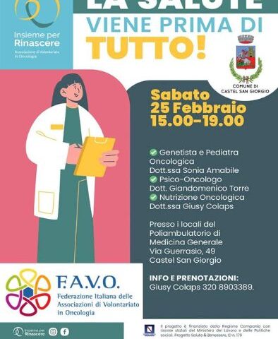 A Castel San Giorgio sabato una giornata di prevenzione oncologica