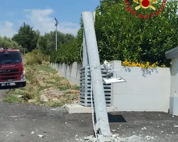 Incendio in un terreno, a fuoco palo con i cavi elettrici