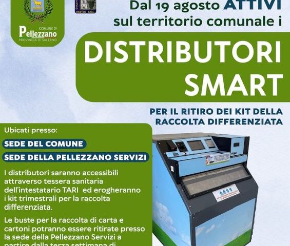 INNOVAZIONE NELLA RACCOLTA DIFFERENZIATA A PELLEZZANO CON L’ATTIVAZIONE DEI DISTRIBUTORI SMART  DAL 19 AGOSTO