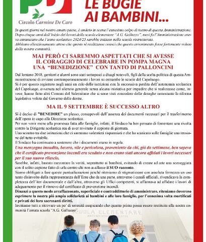 Scuola elementare “Galluzzo” di Castel San Giorgio: manifesto del circolo Pd contro l’amministrazione Lanzara