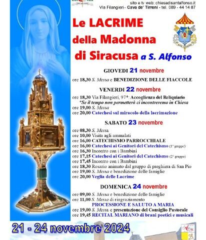 Arcidiocesi di Amalfi – Cava de’ Tirreni: la Parrocchia S. Alfonso ospita la Peregrinatio delle Lacrime della Madonna di Siracusa