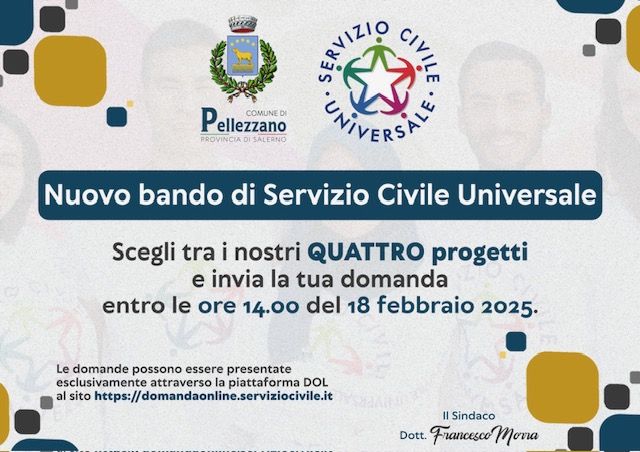 BANDO PER LA SELEZIONE DI 20 VOLONTARI DA IMPIEGARE A PELLEZZANO IN QUATTRO DISTINTI PROGETTI DEL SERVIZIO CIVILE UNIVERSALE