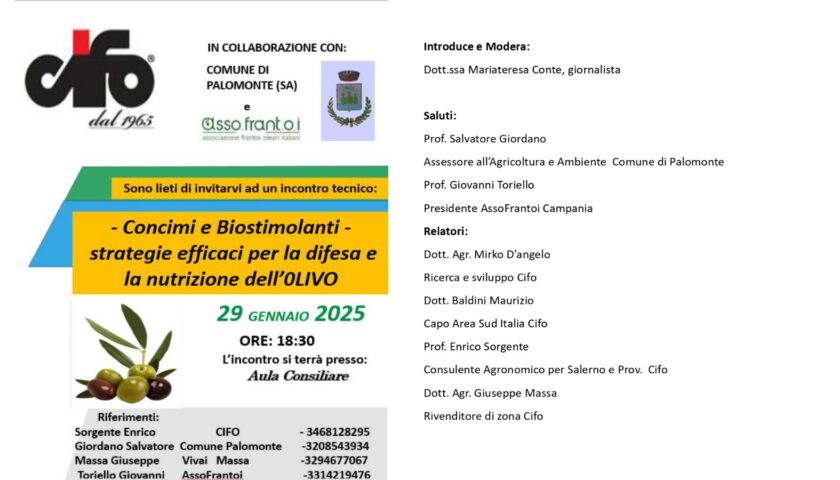 Olivicoltura, a Palomonte convegno regionale su Concimi e Biostimolanti per la nutrizione dell’olivo