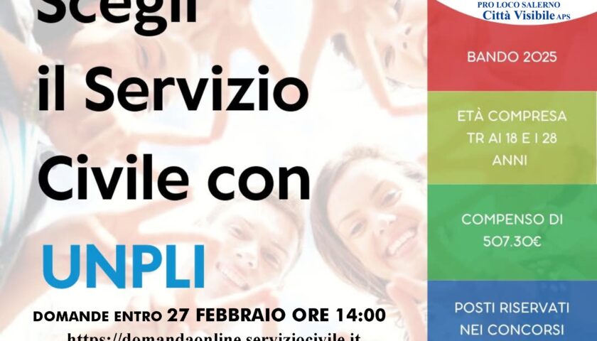 SALERNO, 3 POSTI SERVIZIO CIVILE: PROROGA AL 27 FEBBRAIO SCADENZA DOMANDE