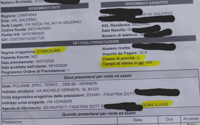 Salerno, odissea liste d’attesa: la visita urgente a uomo allettato fra 460 giorni