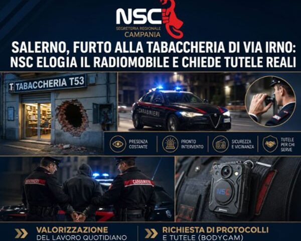 Furto alla tabaccheria di via Irno a Salerno, Nsc: plauso ai carabinieri per arresto ladro