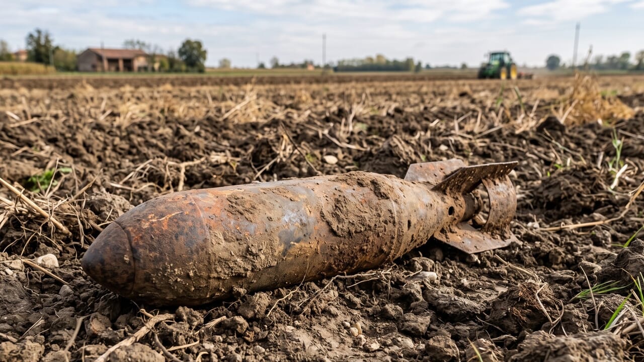 Ordigno bellico ritrovato in un terreno agricolo a Battipaglia, in via Fosso Pioppo