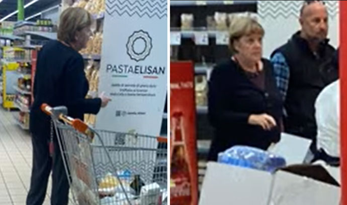 L’ex cancelliere tedesco Angela Merkel fa la spesa in un supermercato di Cava de’ Tirreni